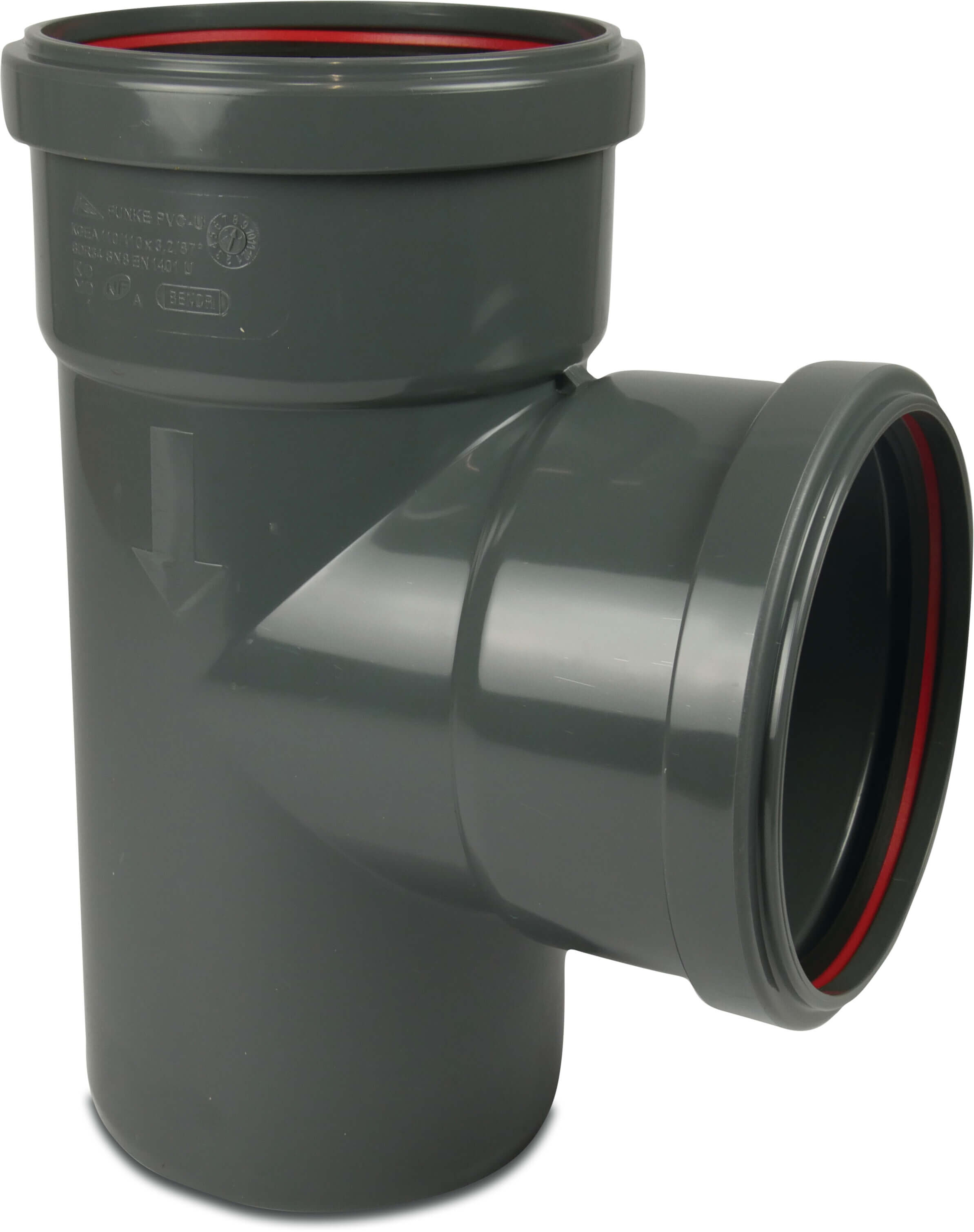 T-stykke 87° PVC-U 110 mm SN4 tætningsring x tætningsring x studs grå KOMO/BENOR