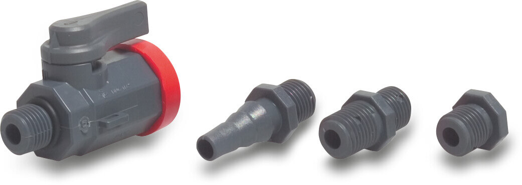 Praher Ball valve PVC-U 1/4" female thread x male thread 10bar grey