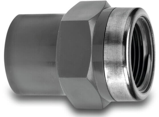 VDL Adaptor socket PVC-U 40/50 mm x 1 1/2" glue socket/glue spigot x female thread 16bar grey with stainless steel ring type reinforced