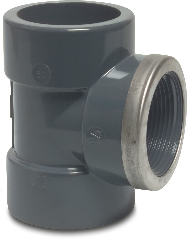 Profec Adaptor T-piece 90° PVC-U 32 mm x 1" x 32 mm glue socket x female thread x glue socket 16bar grey with stainless steel ring type reinforced