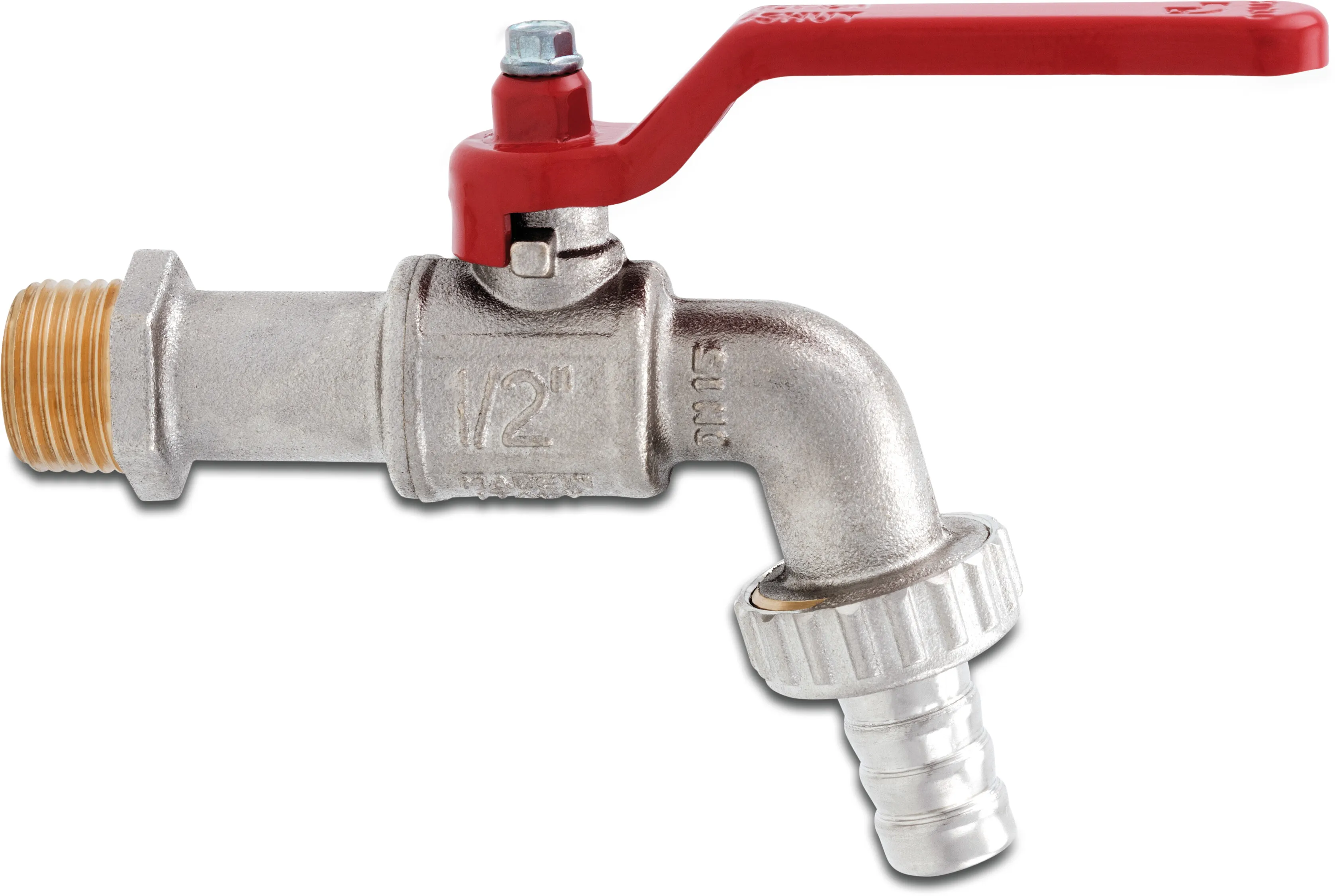 Itap Bibcock ball valve brass nickel plated 1/2" x 12 mm male thread x hose tail 15bar DN15 type 132