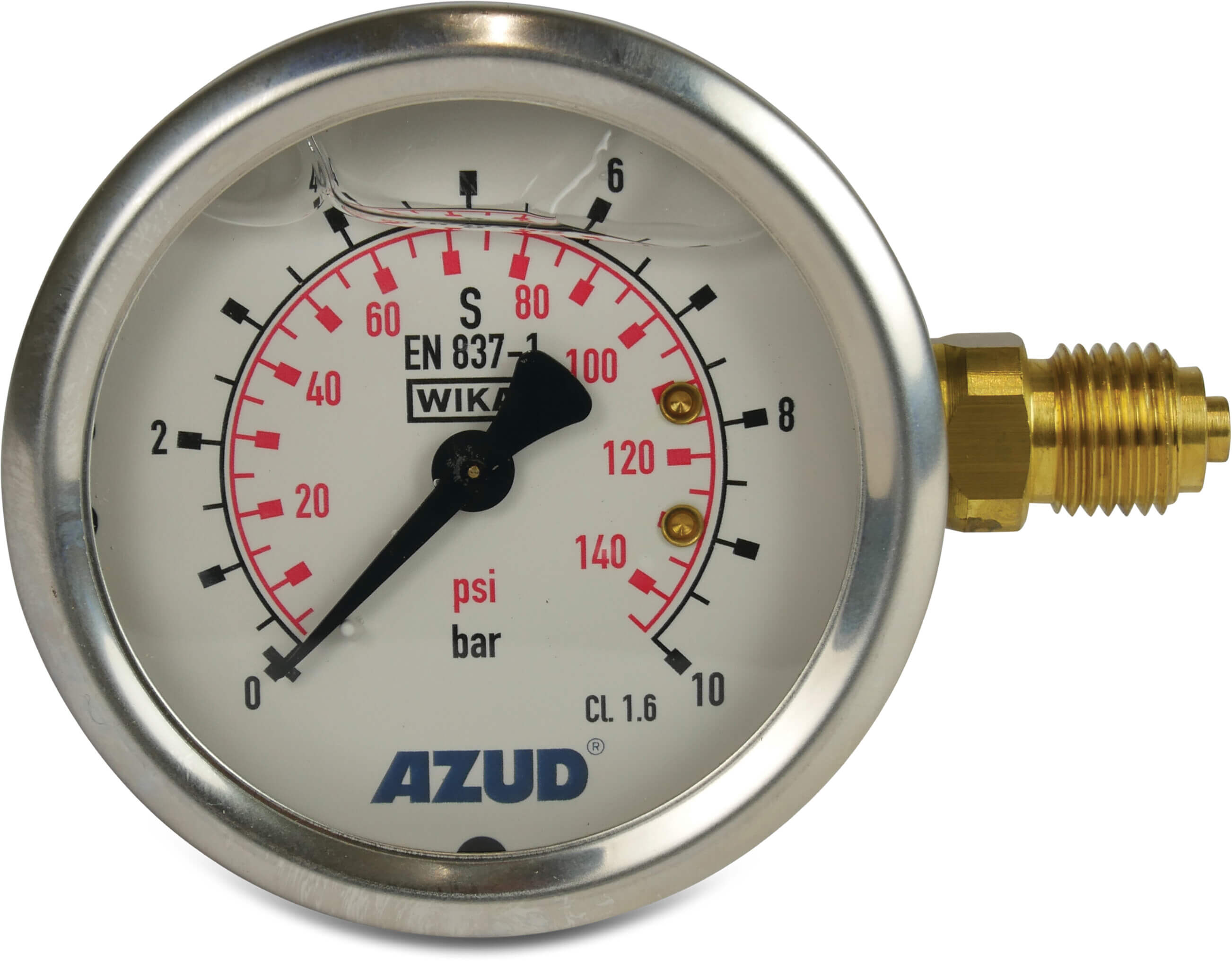 Azud Manometer buitendraad 0 - 10bar type glycerine gevuld zijaansluiting 1/4"