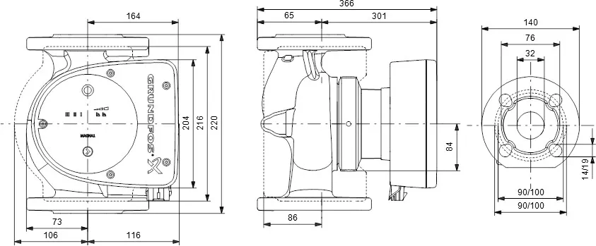 Grundfos Circulatiepomp met variabele snelheid RVS DN32 flens 10bar 1.48A 230VAC zwart/rood type MAGNA1 32-120FN EuP ready