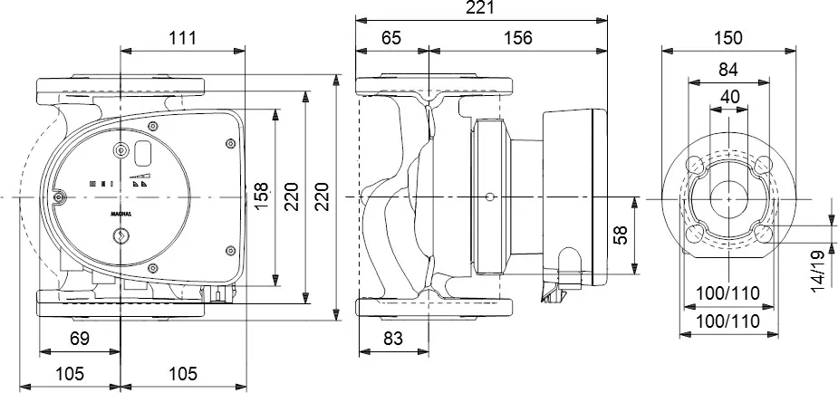 Grundfos Pompe de circulation à vitesse variable acier inoxydable DN40 bride 10bar 1.56A 230VAC noir/rouge type MAGNA1 40-60FN EuP ready