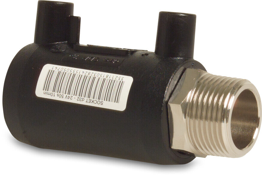 Profec Adaptor bush PE100/brass nickel plated 90 mm x 3" electrofusion socket x male thread SDR7,4 40VAC 16bar 25bar black DVGW