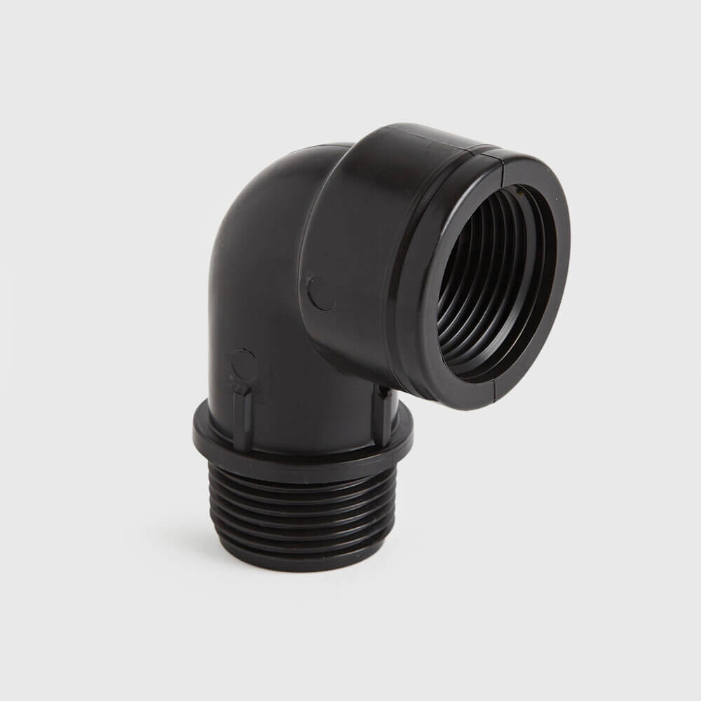 Knie 90° PP 1" binnendraad x buitendraad 10bar zwart