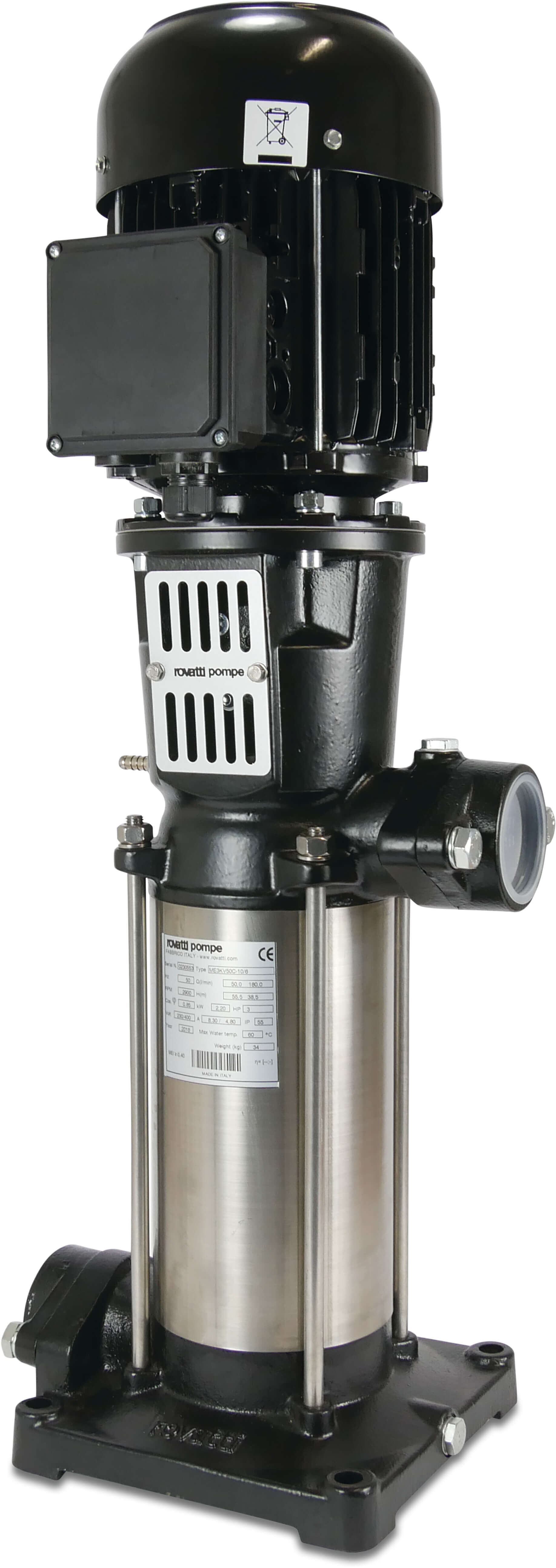 Rovatti Meertraps centrifugaalpomp RVS 2" binnendraad 230/400VAC zwart type compact ME 4KV50C-12/8