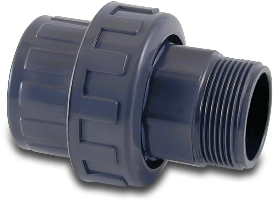 Union coupler PVC-U 32 mm x 1" glue socket x male thread 10bar grey