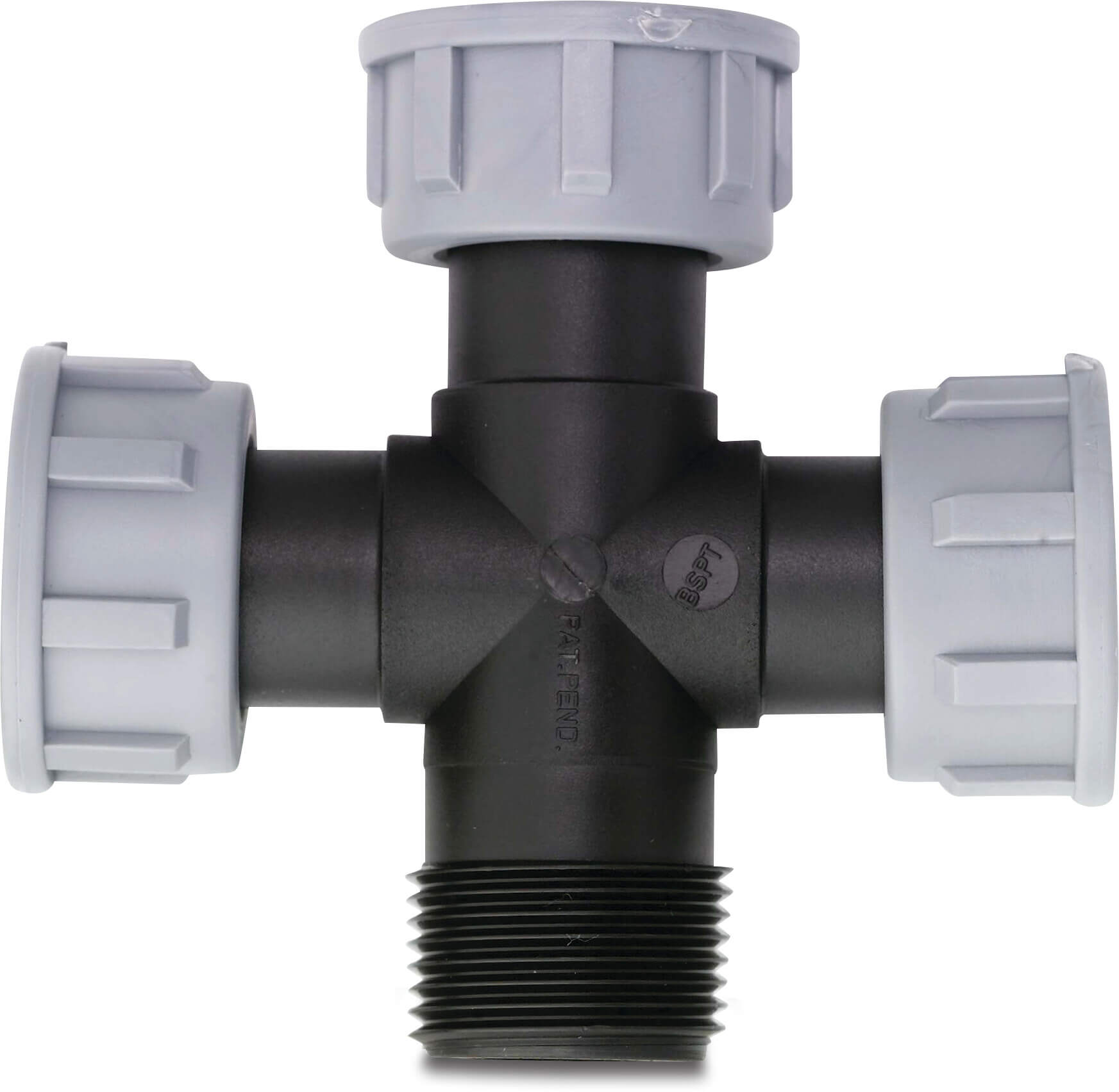 Tavlit Swivel kryss 90° PP 1" invändig gänga x invändig gänga x invändig gänga x utvändig gänga 10bar type with O-ring