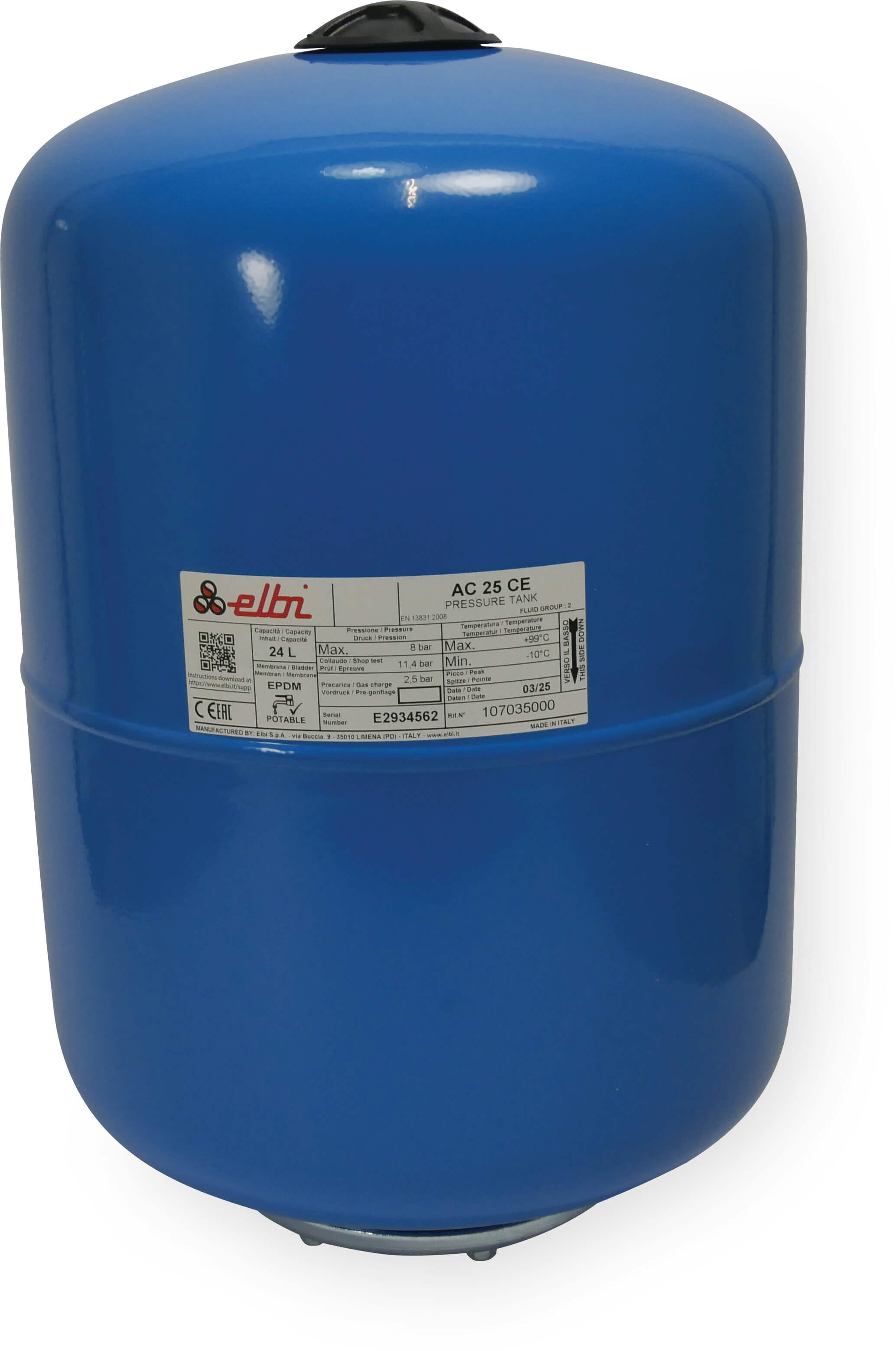 Elbi Membrane pressure tank steel powder coating 3/4" male thread 8bar 8ltr type vertical