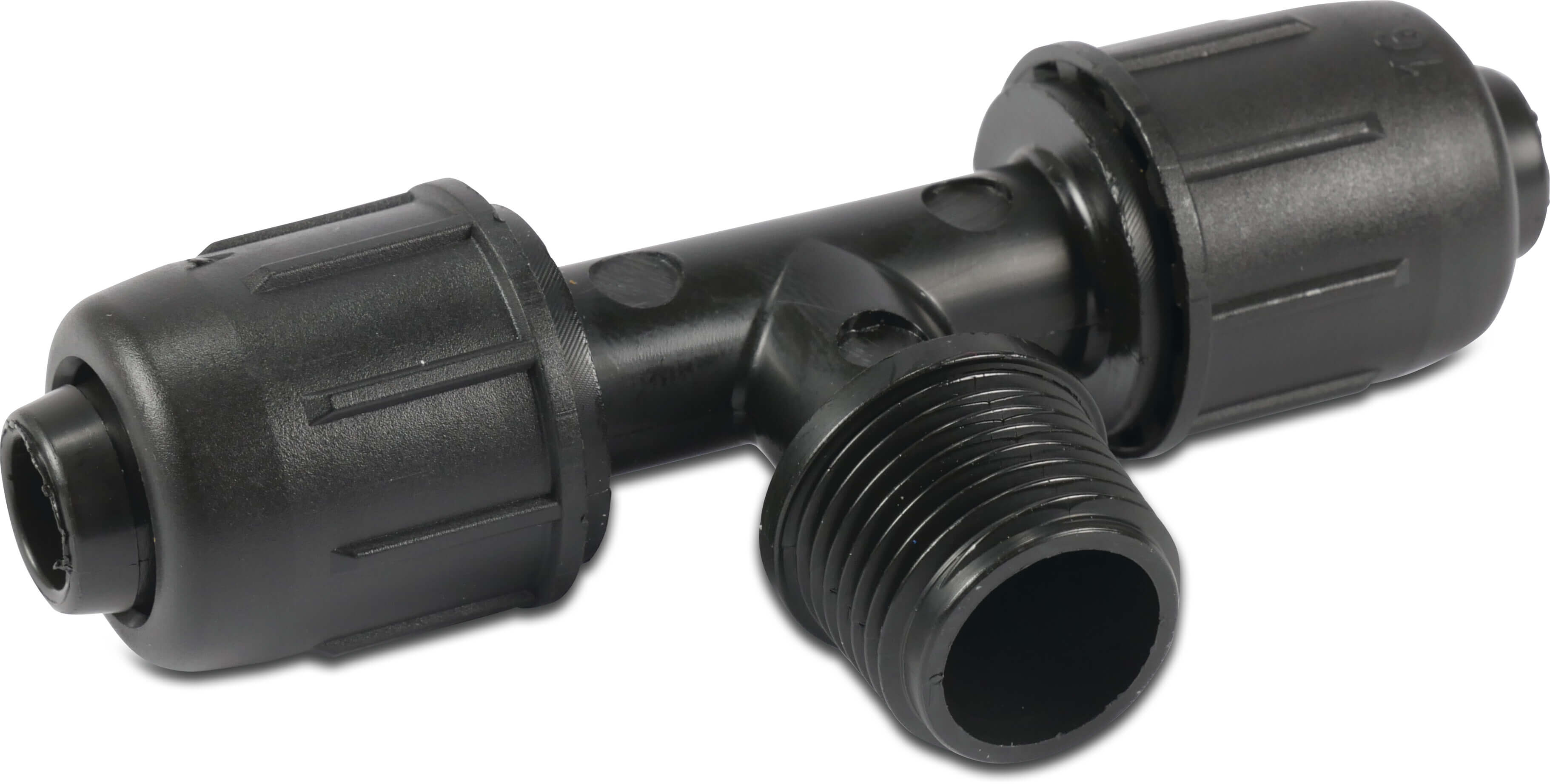T-piece 90° PP 20 mm x 1/2" x 20 mm lock x male thread 4bar black