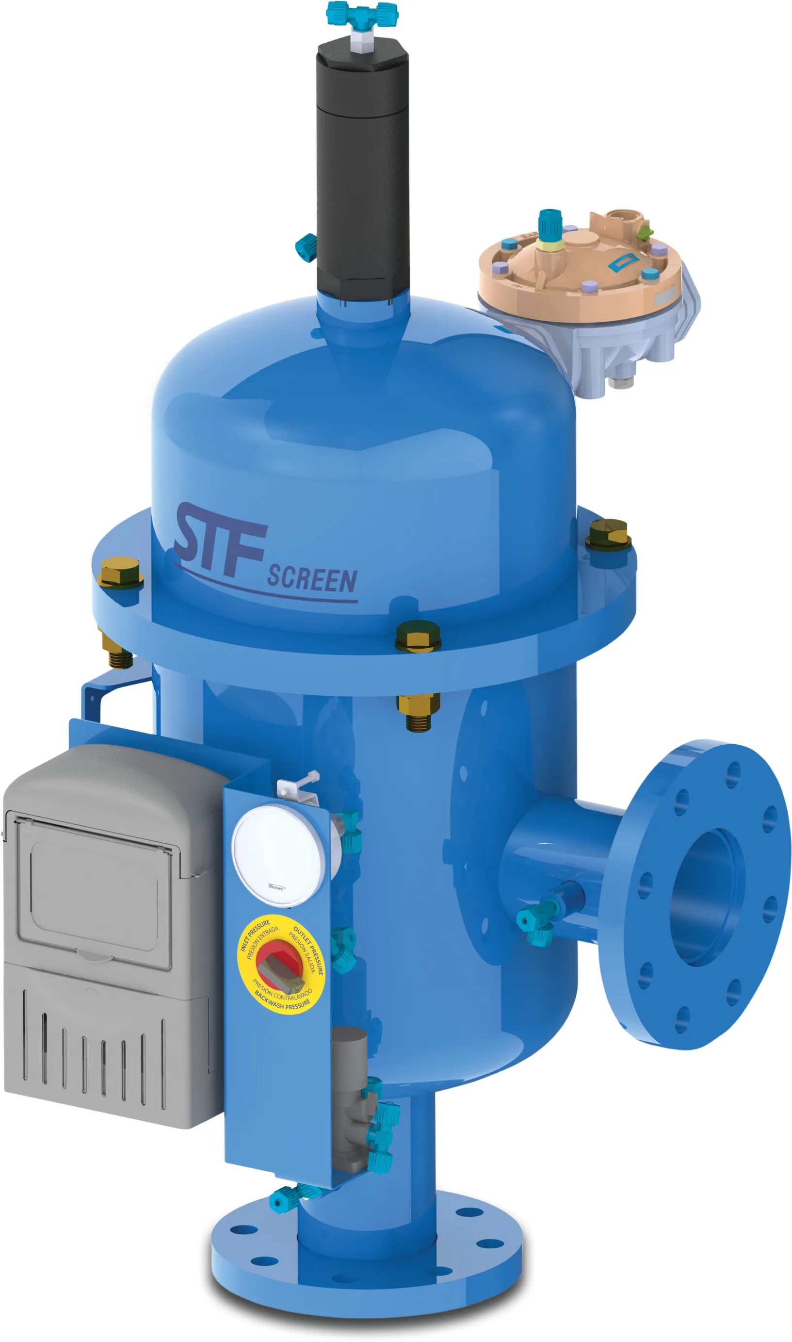STF Automatisch hydraulisch Filter carbon steel ST37.2 Epoxybeschichtung DN80 DIN Flansch 10bar 120micron Edelstahl 316 6VDC Blau Typ FMA 1003