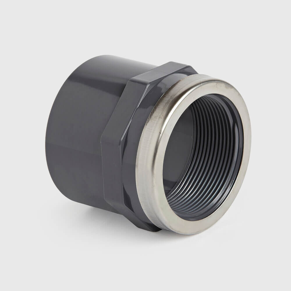 VDL Draadsok PVC-U 110 mm x 4" lijmmof x binnendraad 10bar grijs met RVS ring type versterkt
