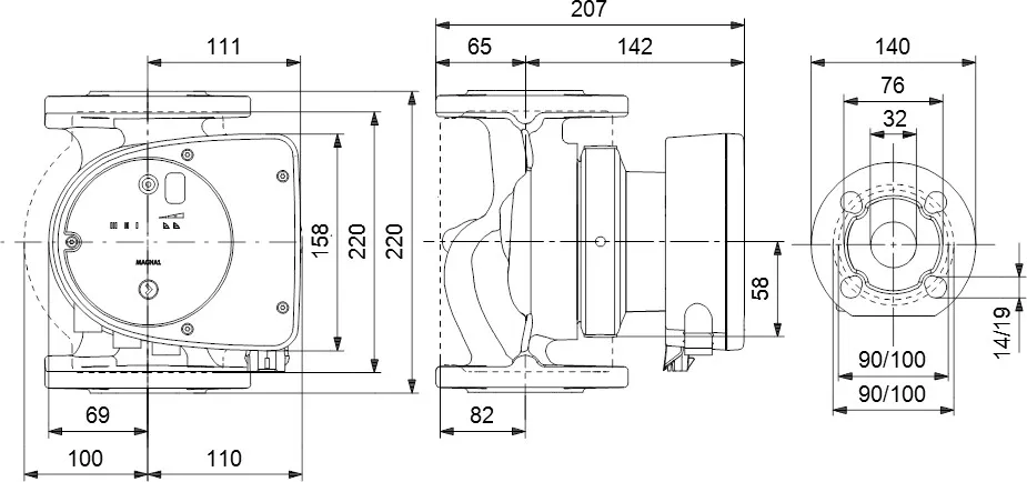 Grundfos Circulatiepomp met variabele snelheid gietijzer DN32 flens 10bar 0.9A 230VAC zwart/rood type MAGNA1 32-60F EuP ready