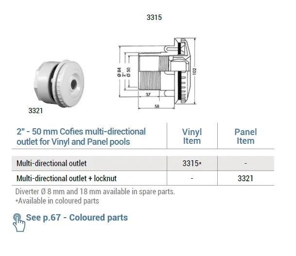 Hayward Verstelbare inspuiter ABS 50 mm x 2" lijmmof x buitendraad wit 19 mm nozzle
