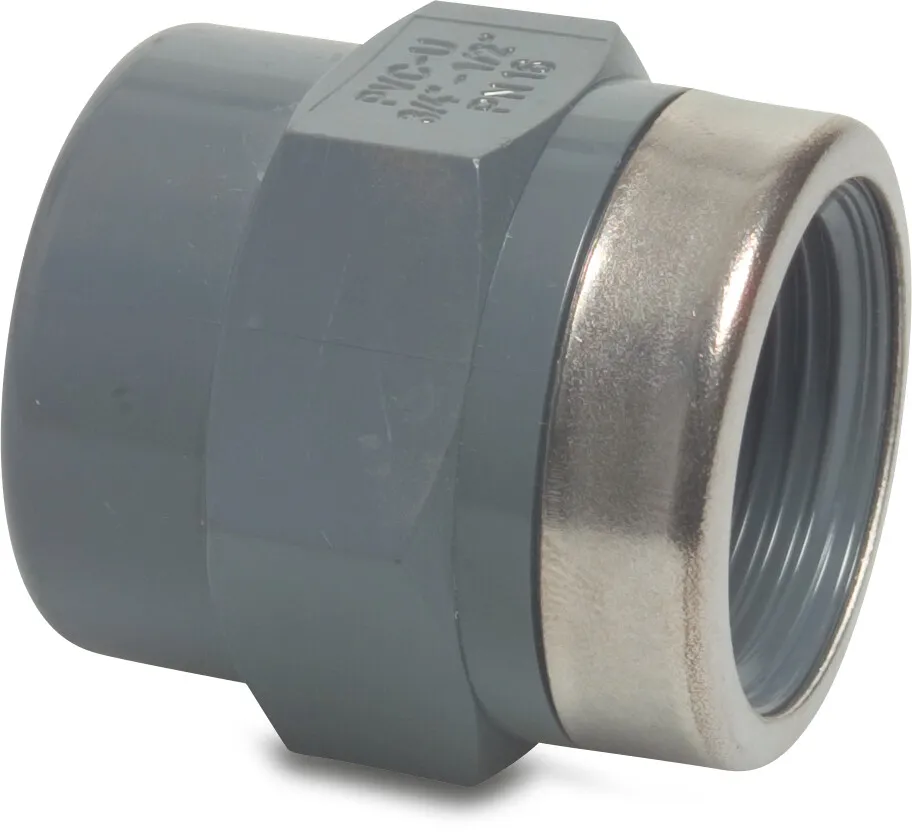 VDL Adaptor socket PVC-U 3/8" x 1/4" female thread 10bar grey with stainless steel ring type reinforced